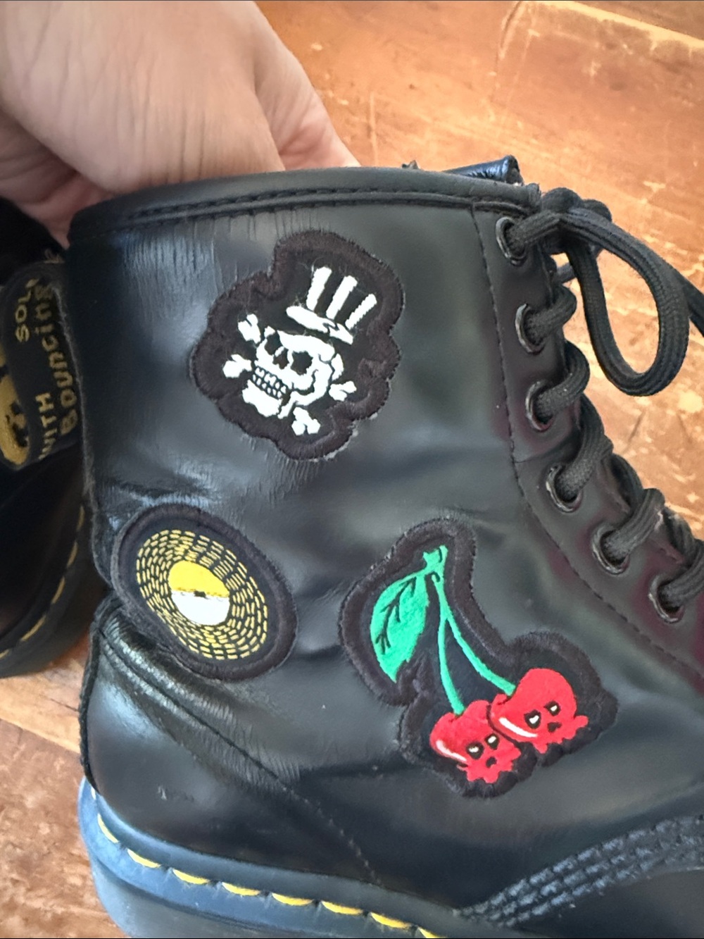 Dr Martens Black Lace-Up Patch Combat Boots - Birds, Cherry & Skull Accents - Picture 8 of 11